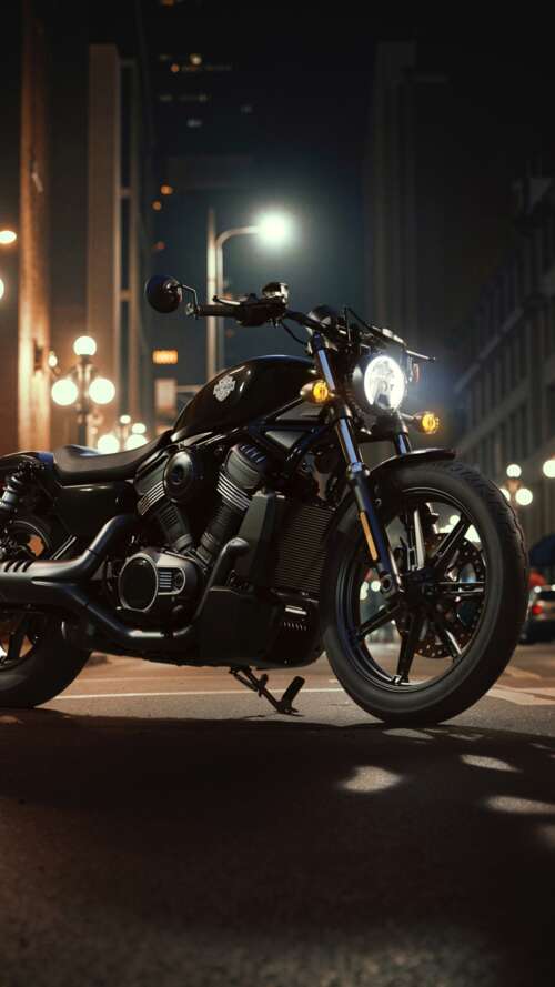 A Harley-Davidson Nightster motorcycle on a neon-lit city street in a futuristic...