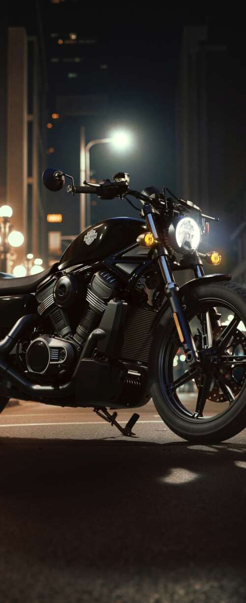 A Harley-Davidson Nightster motorcycle on a neon-lit city street in a futuristic... Samsung Galaxy Z Flip7 FE wallpaper