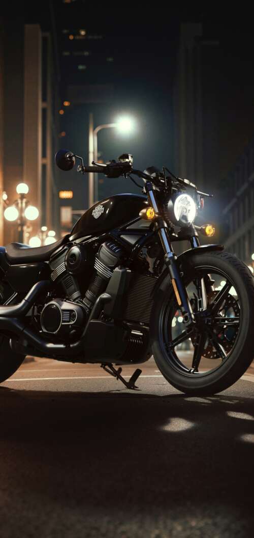 A Harley-Davidson Nightster motorcycle on a neon-lit city street in a futuristic... realme C83 5G free wallpaper