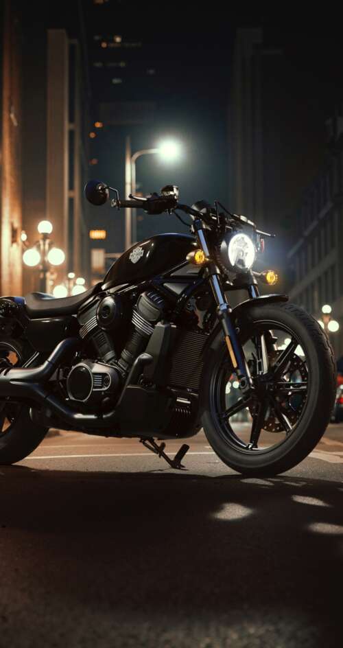 A Harley-Davidson Nightster motorcycle on a neon-lit city street in a futuristic... Sharp Aquos C10