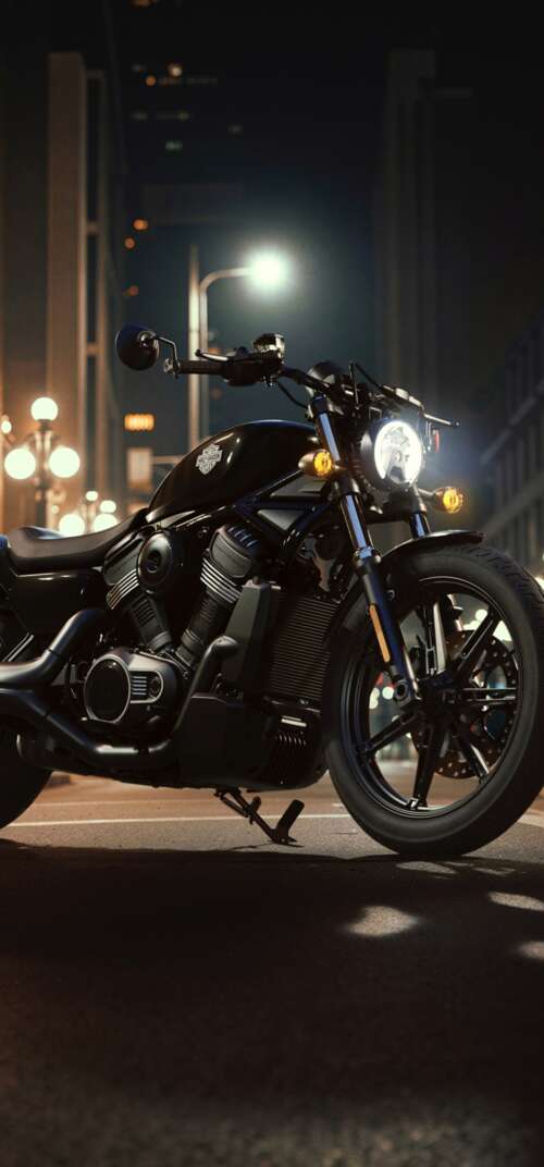 A Harley-Davidson Nightster motorcycle on a neon-lit city street in a futuristic... Samsung Galaxy S26 Ultra wallpapers for android
