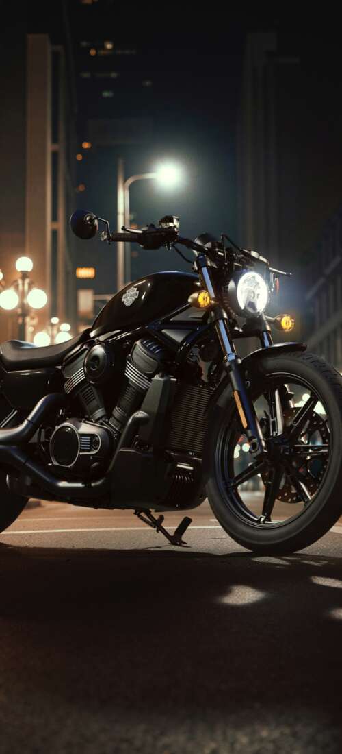 A Harley-Davidson Nightster motorcycle on a neon-lit city street in a futuristic... Oppo Find X9 wallpaper photo gallery download