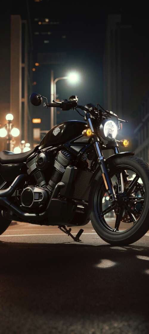 A Harley-Davidson Nightster motorcycle on a neon-lit city street in a futuristic...