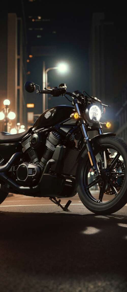 A Harley-Davidson Nightster motorcycle on a neon-lit city street in a futuristic... Xiaomi Redmi 14C 5G download free phone wallpaper