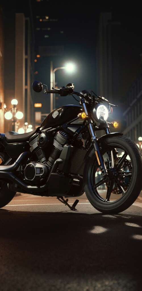 A Harley-Davidson Nightster motorcycle on a neon-lit city street in a futuristic... Huawei Mate 30 Pro