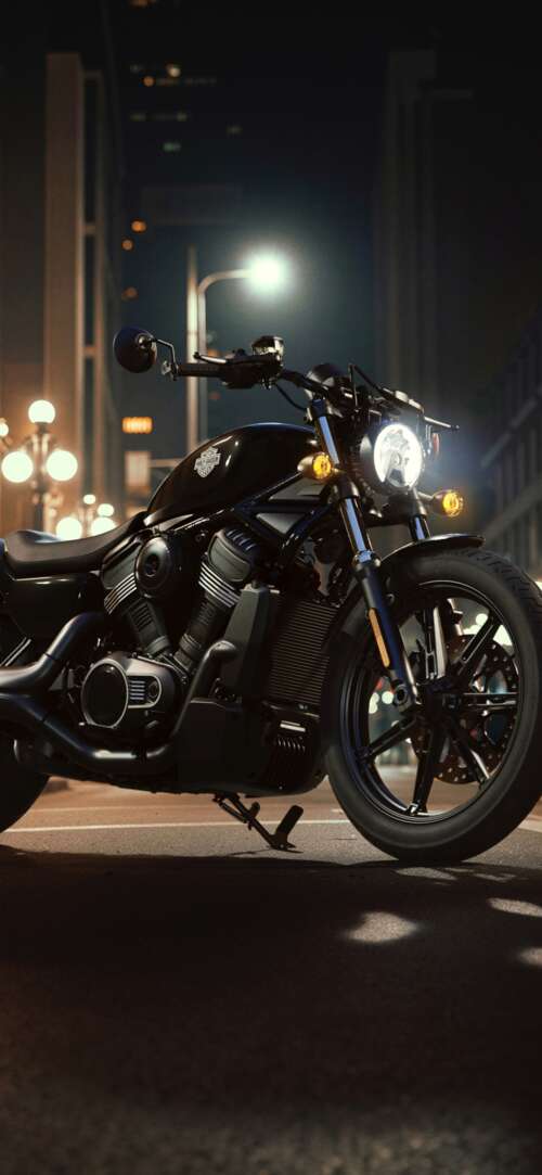 A Harley-Davidson Nightster motorcycle on a neon-lit city street in a futuristic... Xiaomi Redmi 15 4G hand phone wallpaper