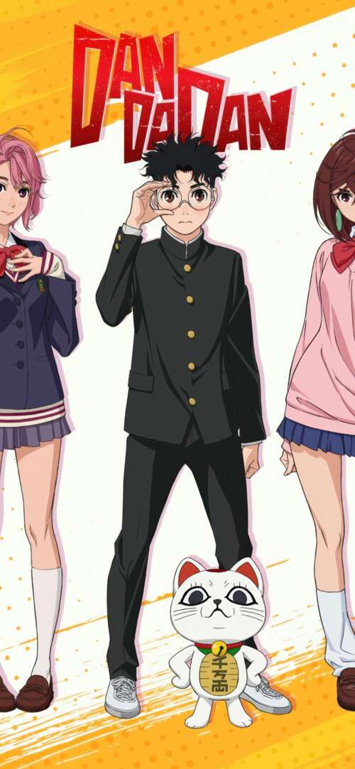 An ensemble illustration of Momo Ayase, Okarun, Aira Shiratori, and Turbo Granny... Xiaomi Redmi 15 4G download free phone wallpaper