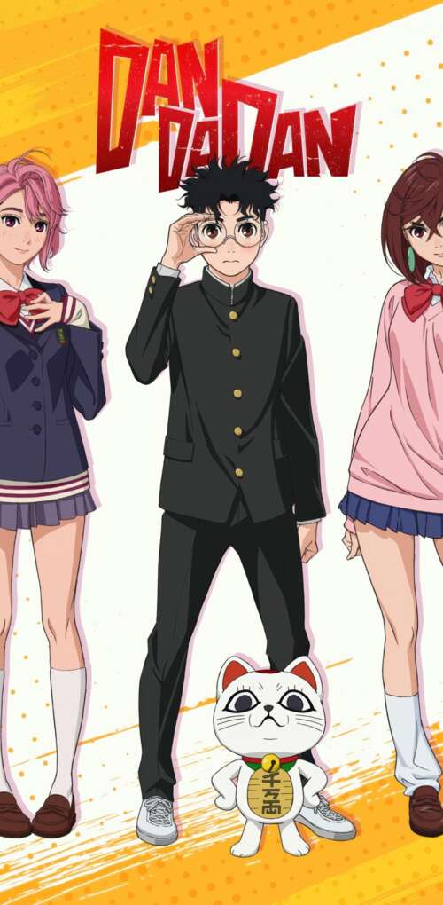 An ensemble illustration of Momo Ayase, Okarun, Aira Shiratori, and Turbo Granny... Huawei Mate 30 Pro wallpapers for android
