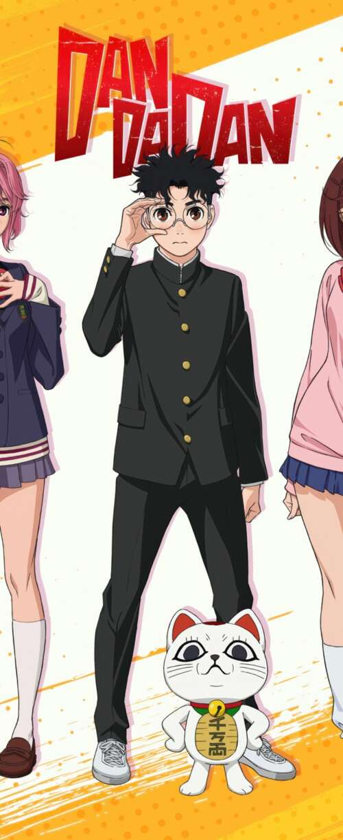 An ensemble illustration of Momo Ayase, Okarun, Aira Shiratori, and Turbo Granny... Samsung Galaxy Z Flip7 FE hand phone wallpaper