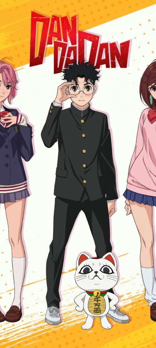 An ensemble illustration of Momo Ayase, Okarun, Aira Shiratori, and Turbo Granny...