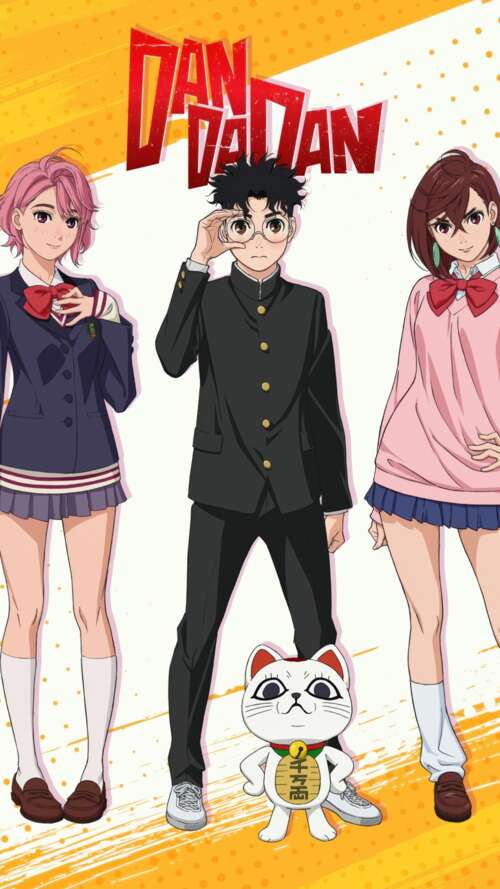 An ensemble illustration of Momo Ayase, Okarun, Aira Shiratori, and Turbo Granny... Apple iPhone SE 2022 free wallpaper