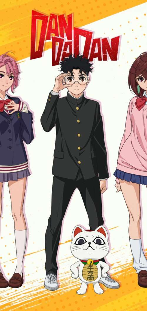 An ensemble illustration of Momo Ayase, Okarun, Aira Shiratori, and Turbo Granny... Oppo A6k 4G cell phone backgrounds free