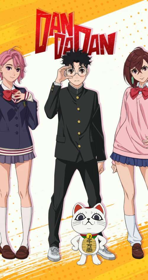 An ensemble illustration of Momo Ayase, Okarun, Aira Shiratori, and Turbo Granny... Sharp Aquos C10 wallpapers for android