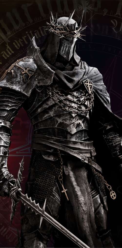 A heavy knight in dark gothic armor standing in a dark, atmospheric environment. wallpapers for android