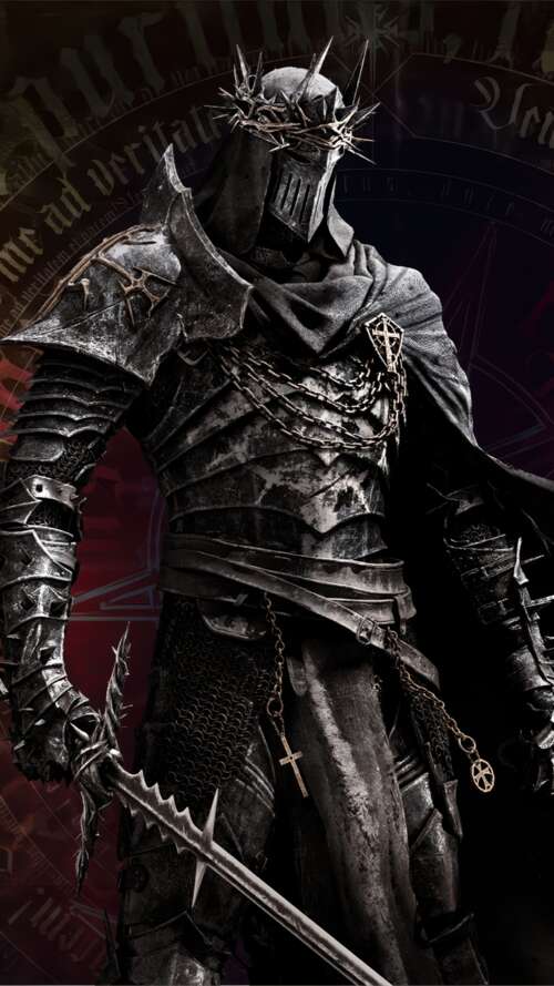 A heavy knight in dark gothic armor standing in a dark, atmospheric environment. Apple iPhone SE 2022 free wallpaper