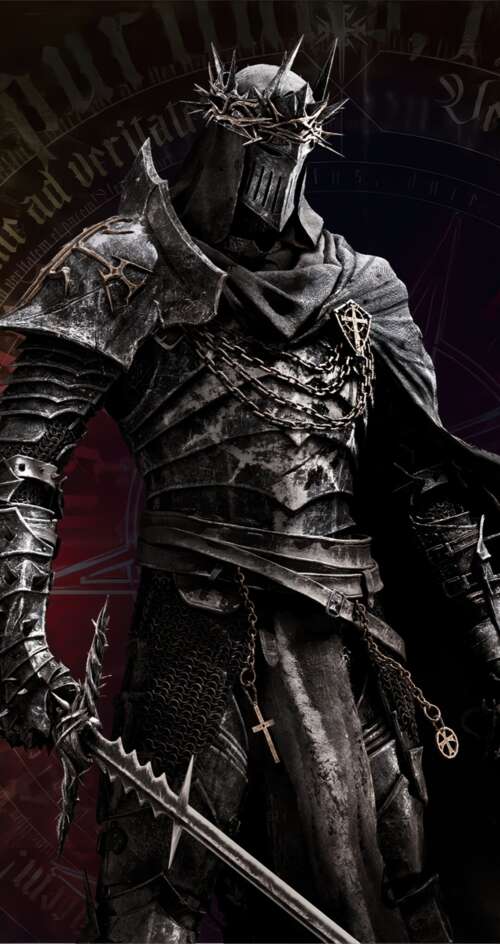 A heavy knight in dark gothic armor standing in a dark, atmospheric environment. Sharp Aquos C10 wallpapers for android