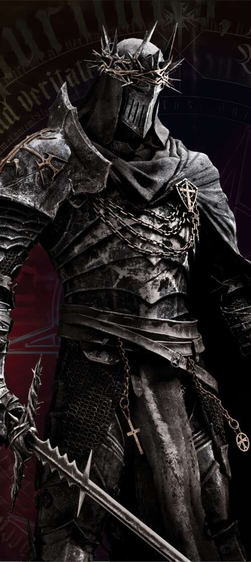 A heavy knight in dark gothic armor standing in a dark, atmospheric environment. Vivo iQOO Z10 Turbo high definition wallpaper