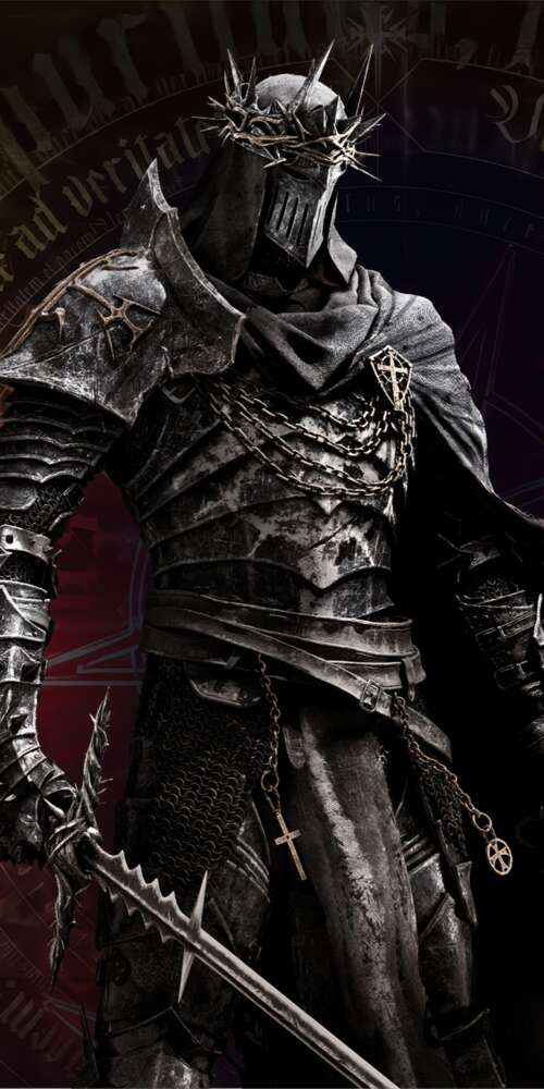 A heavy knight in dark gothic armor standing in a dark, atmospheric environment. Ulefone Rugking 2 Pro mobile wallpaper