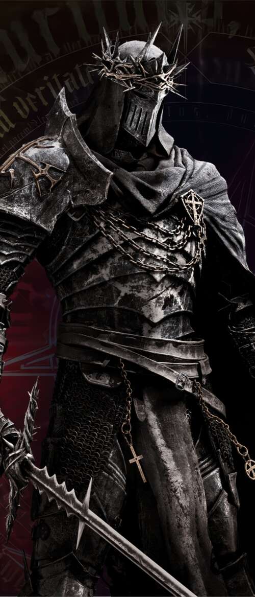 A heavy knight in dark gothic armor standing in a dark, atmospheric environment. nubia Flip 3 free background