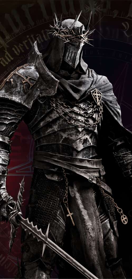A heavy knight in dark gothic armor standing in a dark, atmospheric environment. realme C83 5G cell phone backgrounds free