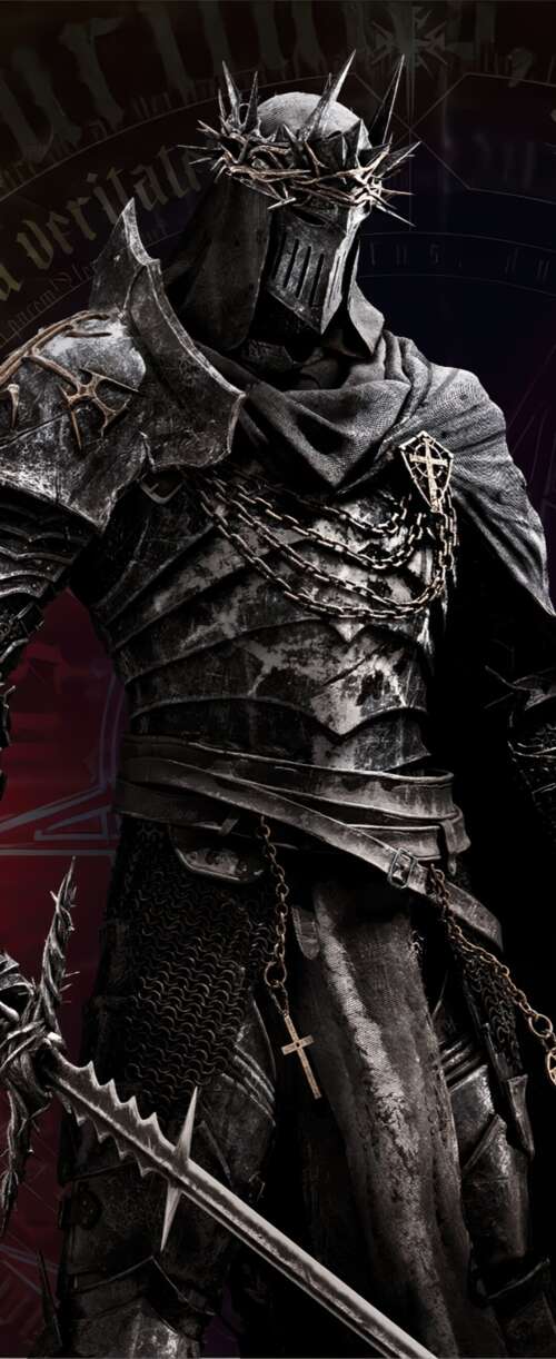 A heavy knight in dark gothic armor standing in a dark, atmospheric environment. Samsung Galaxy Z Flip7 FE hand phone wallpaper