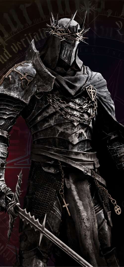 A heavy knight in dark gothic armor standing in a dark, atmospheric environment. UmiDigi Umidigi X wallpapers for android