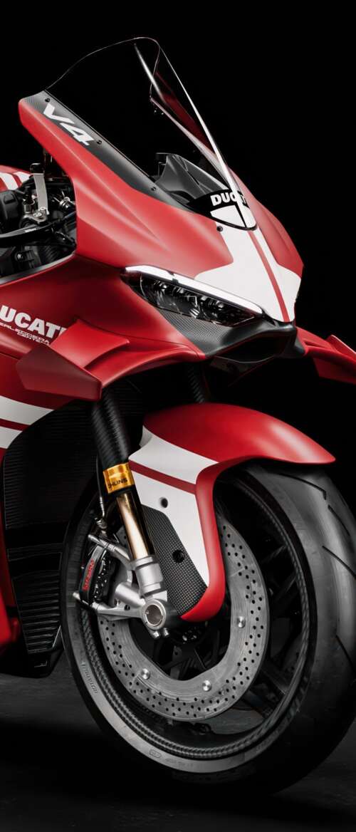 A cinematic close-up of a Ducati Superleggera V4 Centenario sports motorcycle against... nubia Flip 3 free wallpaper