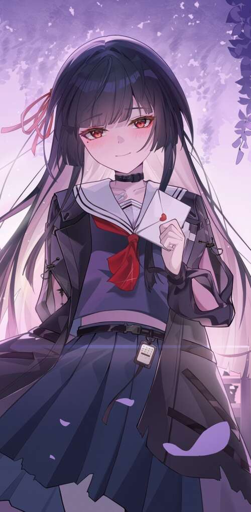 A beautiful anime girl with long purple hair and violet eyes, surrounded by a soft... Huawei Mate 30 Pro hand phone wallpaper