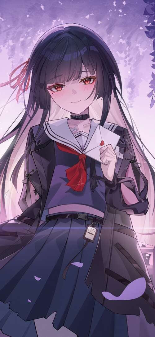A beautiful anime girl with long purple hair and violet eyes, surrounded by a soft... Xiaomi Redmi 15 4G mobile wallpaper