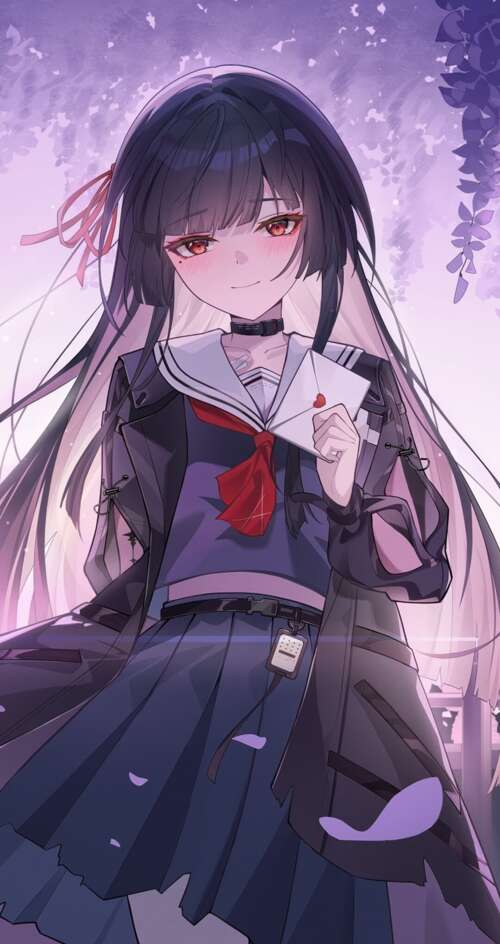 A beautiful anime girl with long purple hair and violet eyes, surrounded by a soft... Sharp Aquos C10 hand phone wallpaper