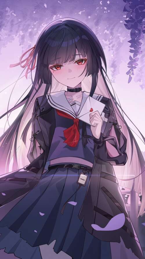 A beautiful anime girl with long purple hair and violet eyes, surrounded by a soft... Apple iPhone SE 2022 wallpaper download