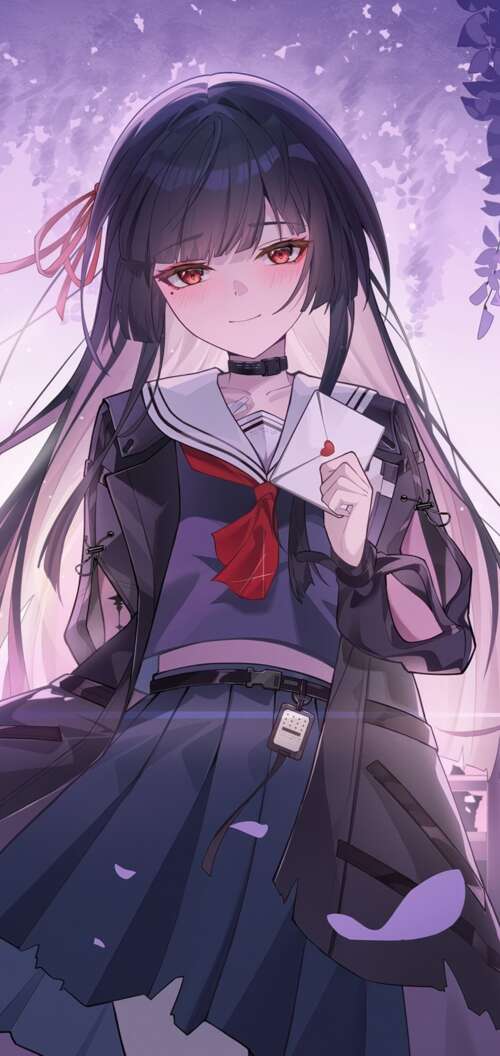 A beautiful anime girl with long purple hair and violet eyes, surrounded by a soft... Oppo A6k 4G download free wallpaper for phone