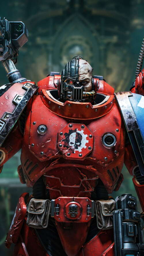 Lieutenant Titus from Warhammer 40,000: Space Marine 2 wearing blue power armor. Apple iPhone SE 2022 wallpaper photo gallery download