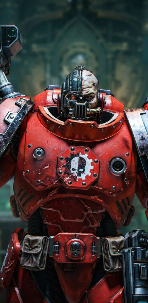Lieutenant Titus from Warhammer 40,000: Space Marine 2 wearing blue power armor. Huawei Mate 30 Pro high definition wallpaper