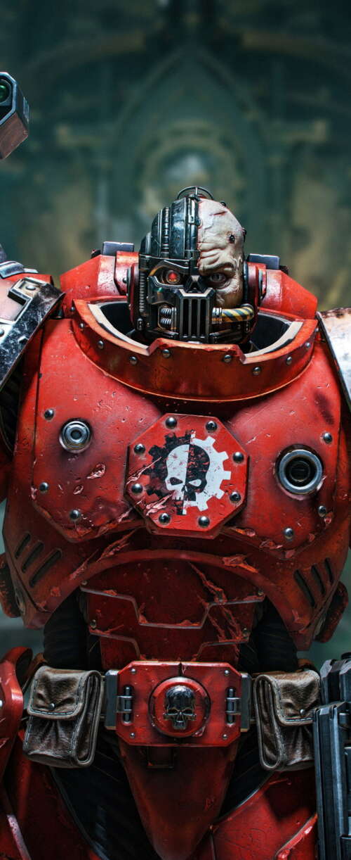 Lieutenant Titus from Warhammer 40,000: Space Marine 2 wearing blue power armor. Samsung Galaxy Z Flip7 FE free background