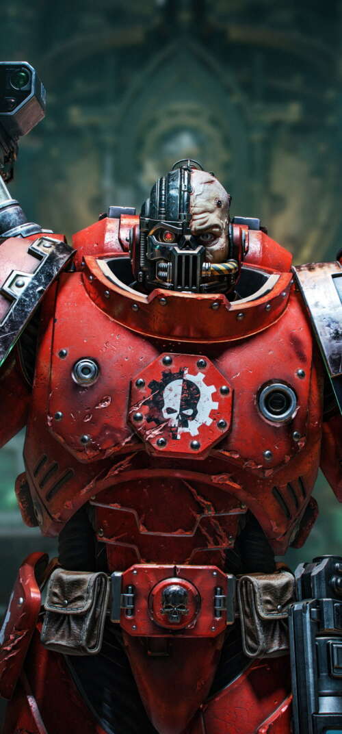 Lieutenant Titus from Warhammer 40,000: Space Marine 2 wearing blue power armor. Samsung Galaxy S26 Ultra wallpaper