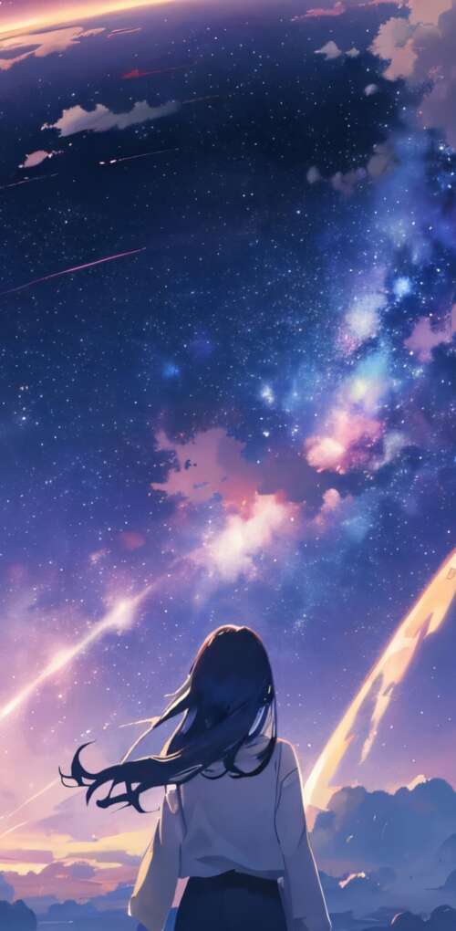 Mitsuha Miyamizu from Your Name looking up at a purple night sky with galaxies and... Huawei Mate 30 Pro wallpaper photo gallery download