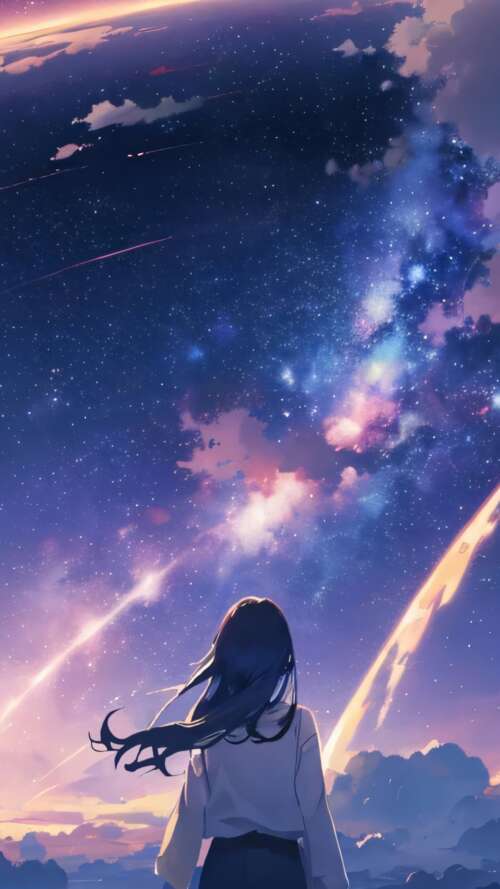 Mitsuha Miyamizu from Your Name looking up at a purple night sky with galaxies and... Apple iPhone SE 2022 hand phone wallpaper