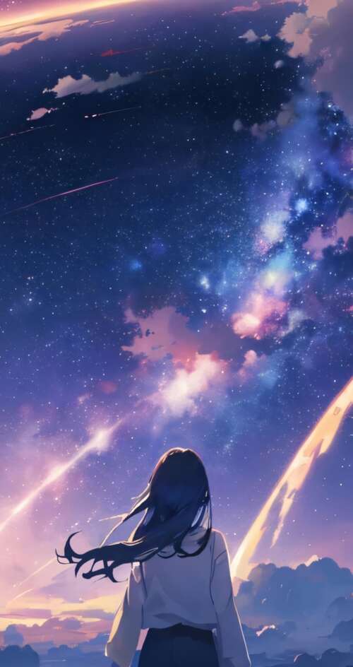 Mitsuha Miyamizu from Your Name looking up at a purple night sky with galaxies and... Sharp Aquos C10 wallpaper photo gallery download