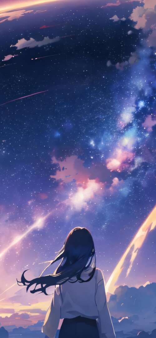 Mitsuha Miyamizu from Your Name looking up at a purple night sky with galaxies and... Xiaomi Redmi 15 4G pictures for wallpaper