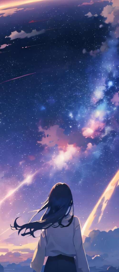 Mitsuha Miyamizu from Your Name looking up at a purple night sky with galaxies and... Blackview XPLORE 1 Pro wallpaper photo gallery download