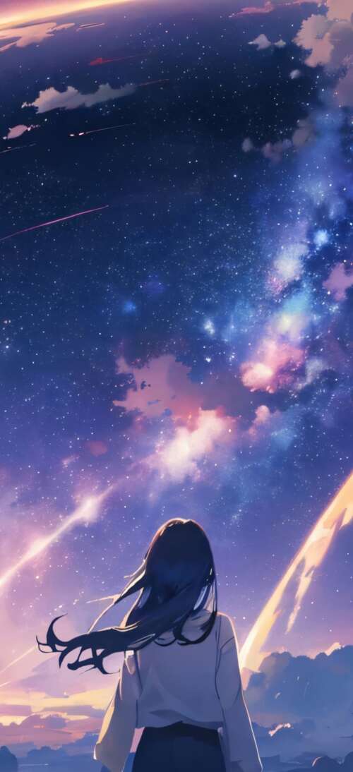 Mitsuha Miyamizu from Your Name looking up at a purple night sky with galaxies and... realme GT 7T free hd wallpapers