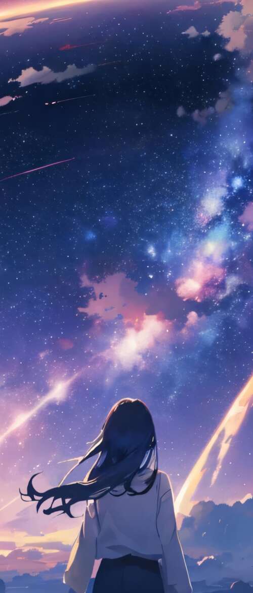 Mitsuha Miyamizu from Your Name looking up at a purple night sky with galaxies and... nubia Flip 3 wallpaper