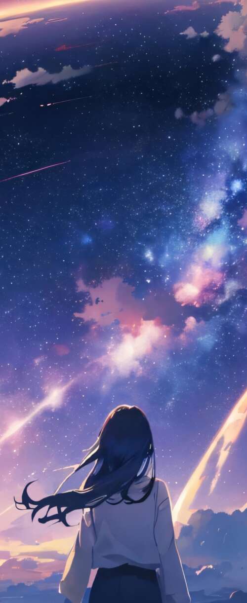 Mitsuha Miyamizu from Your Name looking up at a purple night sky with galaxies and... Samsung Galaxy Z Flip7 FE free background images
