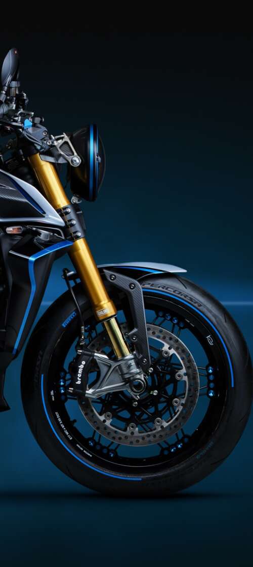 A highly detailed, close-up view of the MV Agusta Rush Titanio naked motorcycle featuring... Motorola Edge (2025)