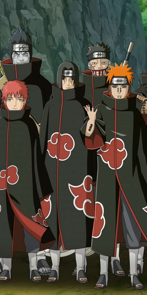 The Akatsuki members, including Pain (Nagato), wearing their iconic black cloaks... mobile wallpaper