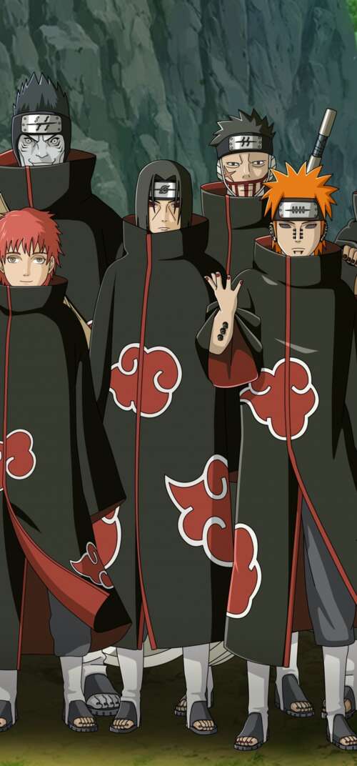 The Akatsuki members, including Pain (Nagato), wearing their iconic black cloaks... Samsung Galaxy S26 Ultra hd background