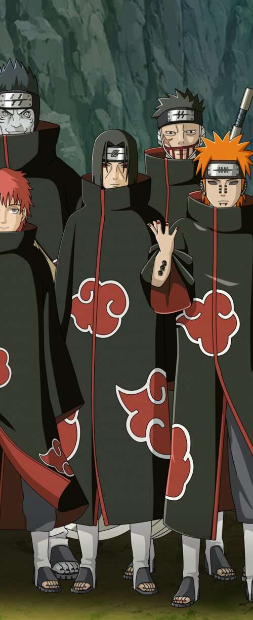 The Akatsuki members, including Pain (Nagato), wearing their iconic black cloaks... Samsung Galaxy Z Flip7 FE lock screen wallpaper