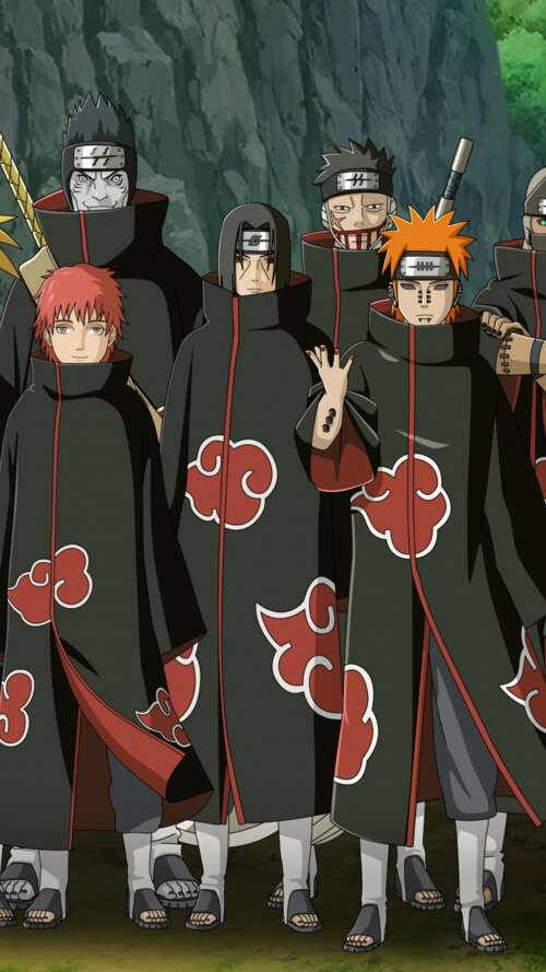 The Akatsuki members, including Pain (Nagato), wearing their iconic black cloaks... Apple iPhone SE 2022