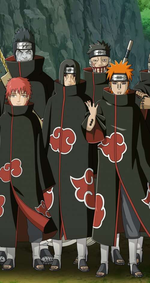 The Akatsuki members, including Pain (Nagato), wearing their iconic black cloaks... Sharp Aquos C10 mobile wallpaper